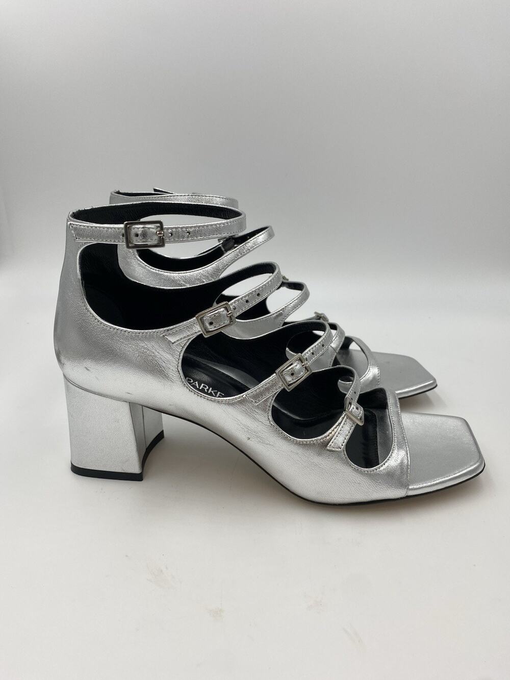 Marion Parke Francine Silver Strappy Block Heel Sandal Italy Caged Size 38 7.5